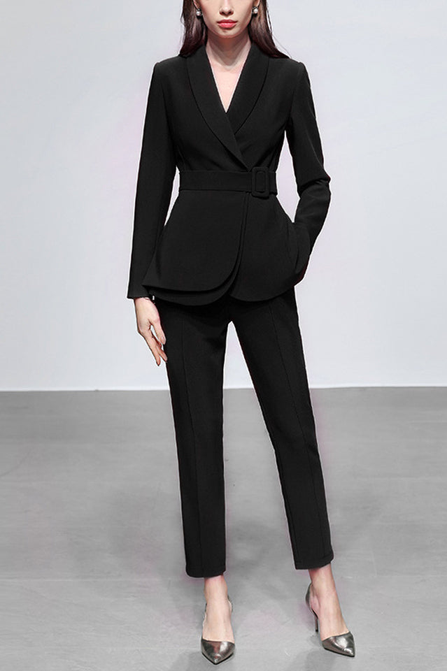 Lace Up Belt Waist Blazer Pants Suit