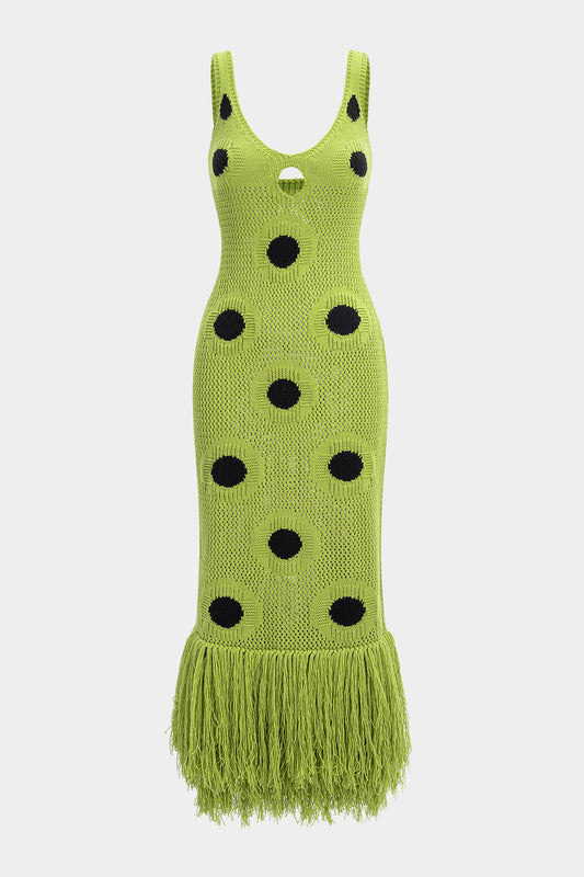 Knit Fringe V-Neck Hollow Out Sleeveless Dress