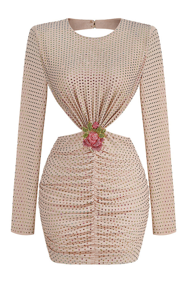 Backless Long Sleeve Beading Mini Dress