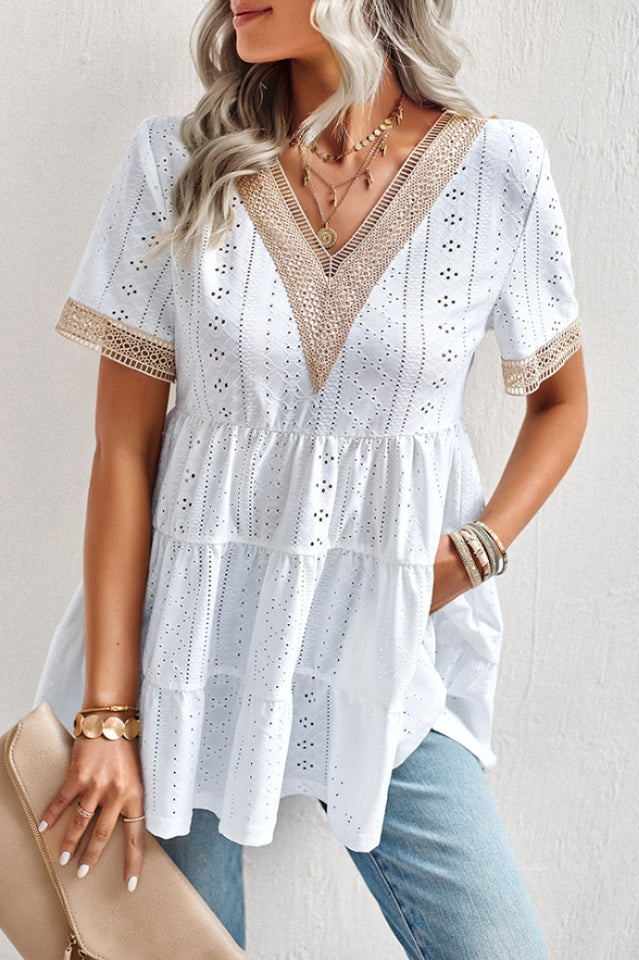 Contrast Short Sleeve Tiered Blouse