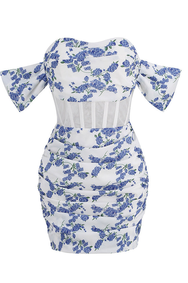 Blue Print Ruched Floral Mini Dress