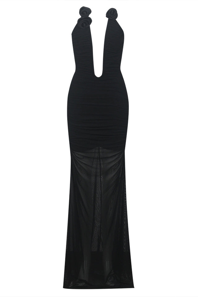 Strapless Plunge Maxi Black Dress