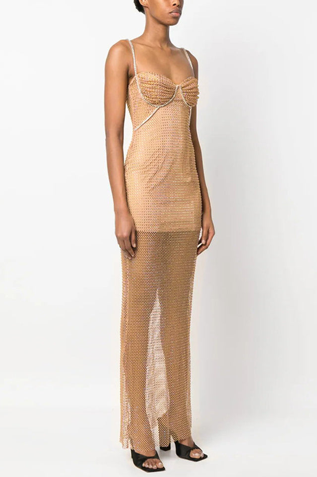 Crystal Embellished Fishnet Maxi Dress