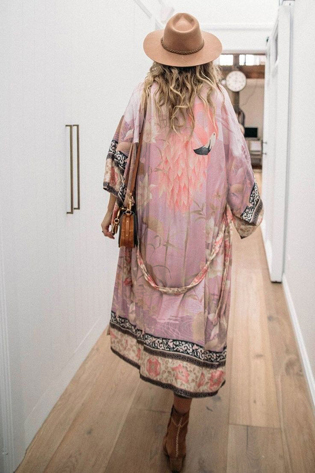 Floral Crane Print Kimono With Belt