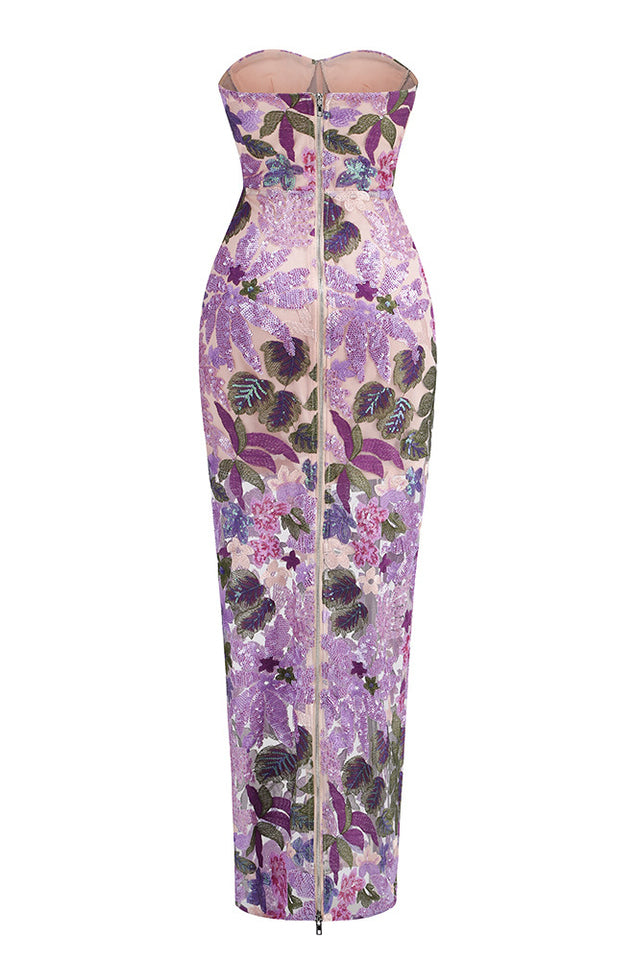 Kamames Strapless Floral Sequined Maxi Dress