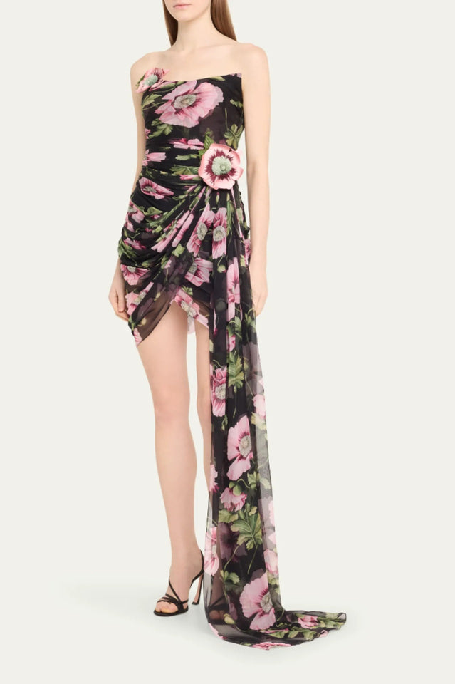 Floral Printed Strapless Draped Mini Dress