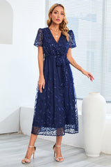 Sequin Leaf Embroidery Tie Front Dress