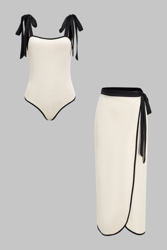 Contrast Knotted Sleeveless Bodysuit And Tie-Up Side Slit Skirt Set
