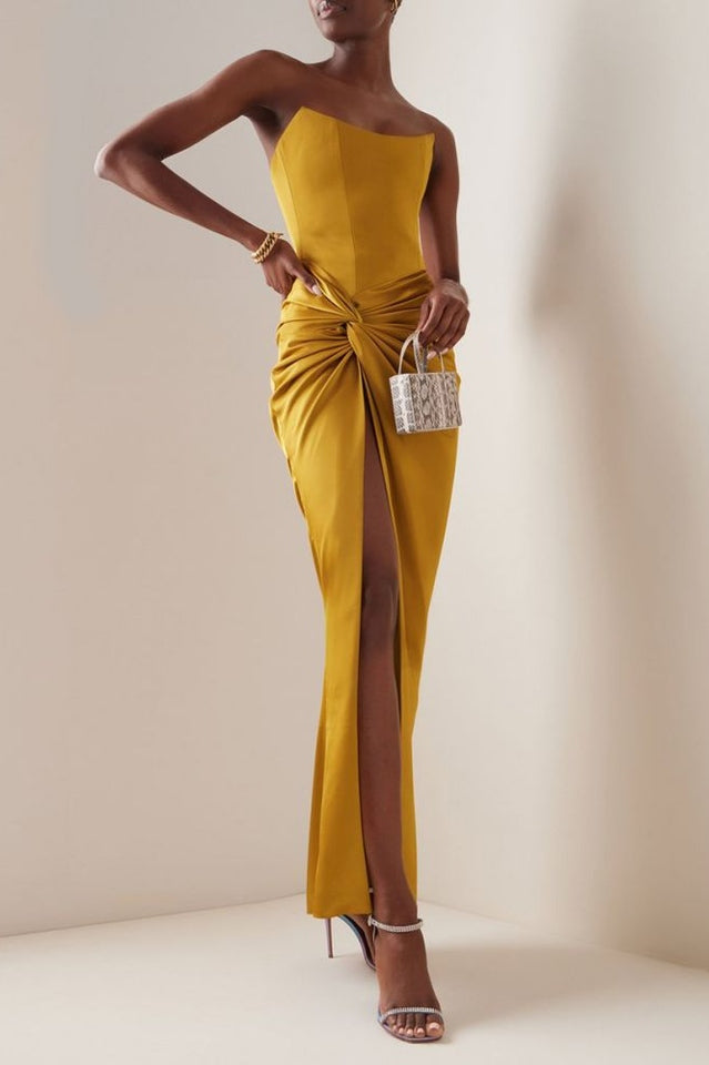 Mustard Draped Satin Corset Maxi Dress