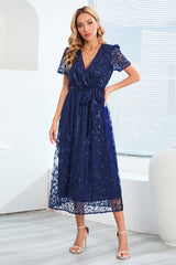 Sequin Leaf Embroidery Tie Front Dress