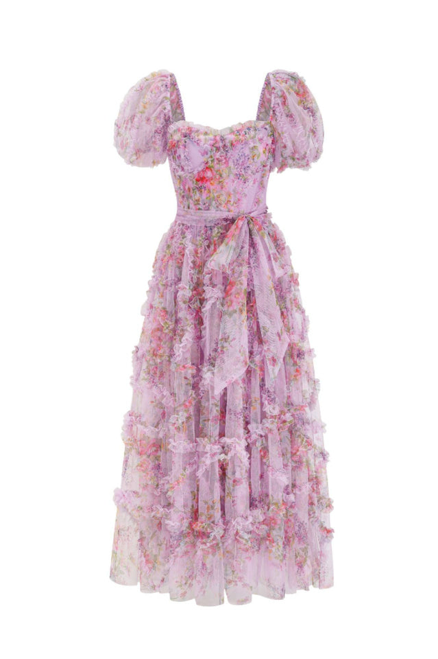 Floral Tulle Puff Sleeve Bow Tie Maxi Dress