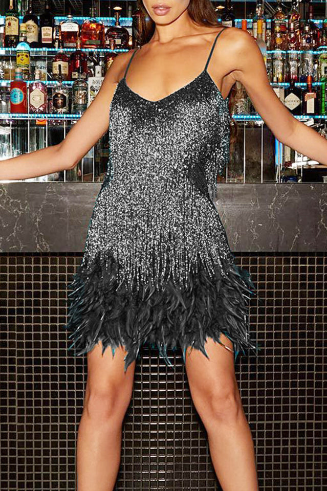 Yvonne Sequin Feather Cocktail Dress