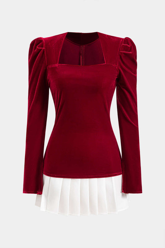 Velvet Beaded Ruched Long Sleeve Top And Skirt Set