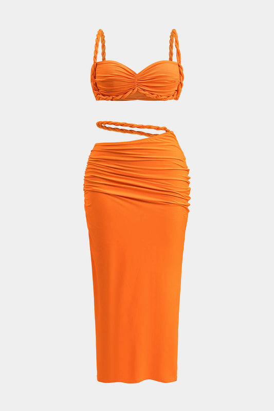 Plus Size Ruched Braided Cut Out Backless Tank Top And Skirt Set