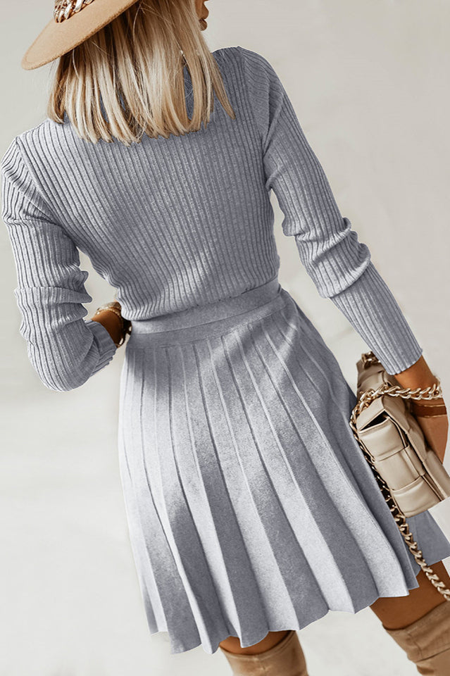 Surplice Neck Tie Front Pleated Sweater Dress