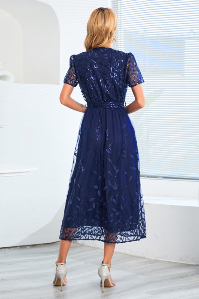 Sequin Leaf Embroidery Tie Front Dress