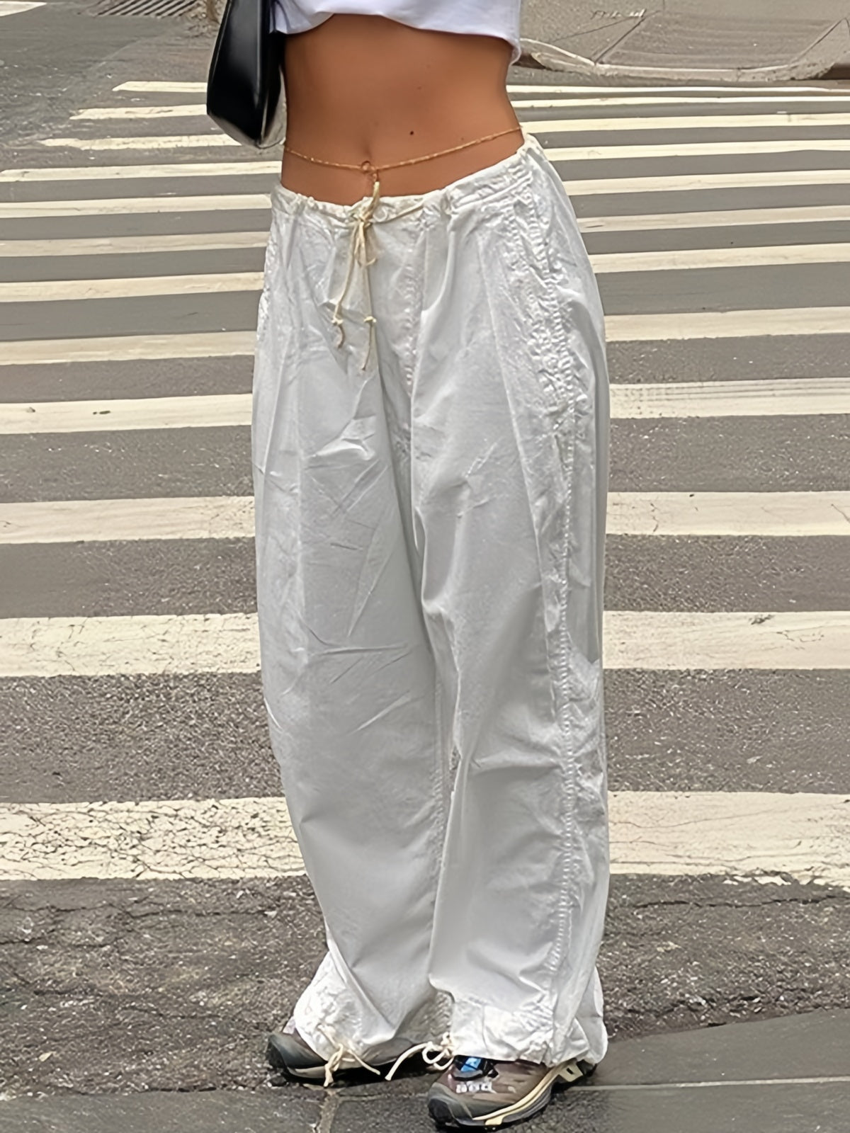 White Low Waist Parachute Cargo Pants