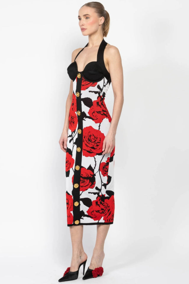 Knit Floral Halter Neck Midi Dress