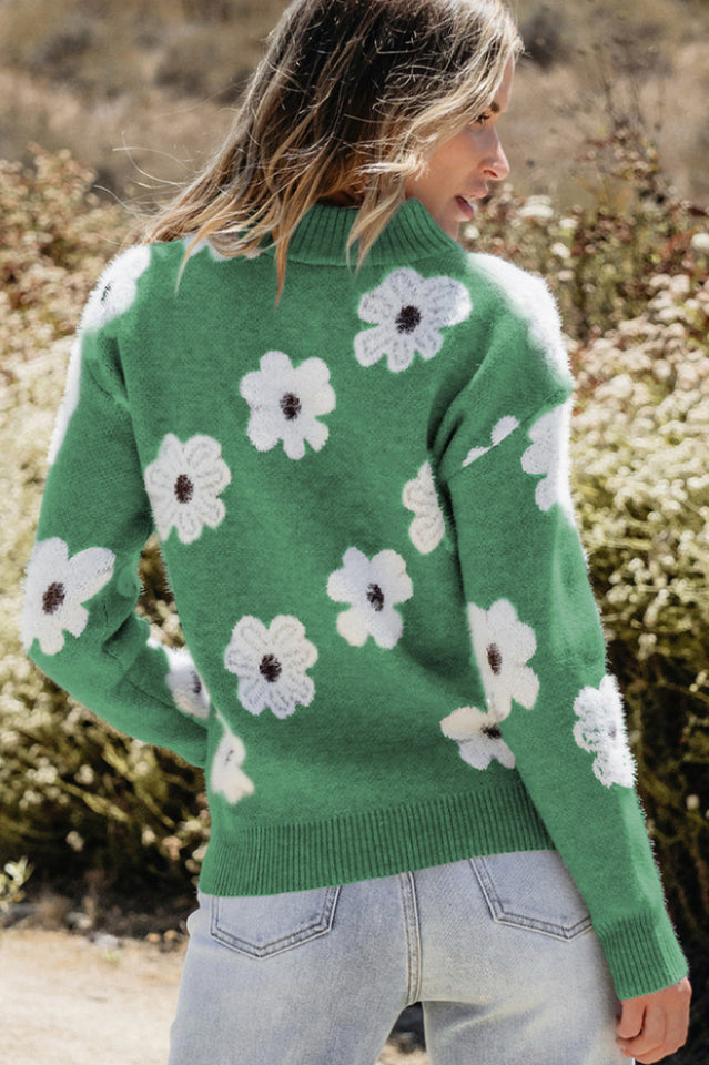 Floral Pattern Half Zip Sweater