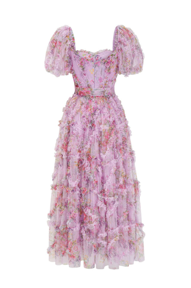 Floral Tulle Puff Sleeve Bow Tie Maxi Dress
