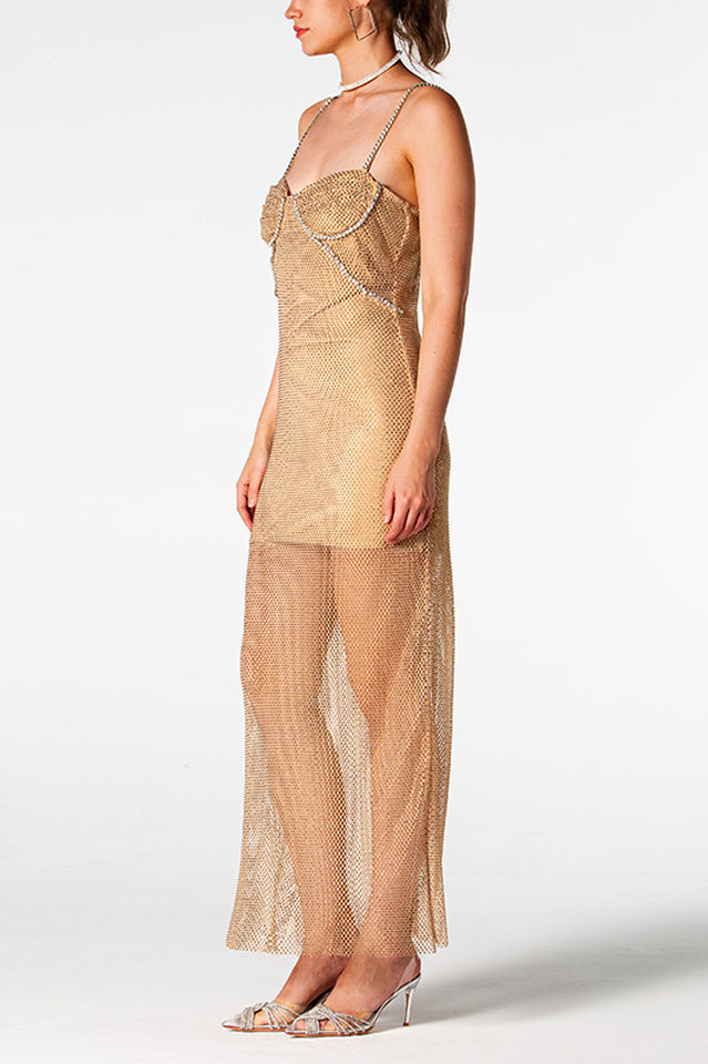 Crystal Embellished Fishnet Maxi Dress