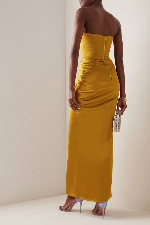 Mustard Draped Satin Corset Maxi Dress