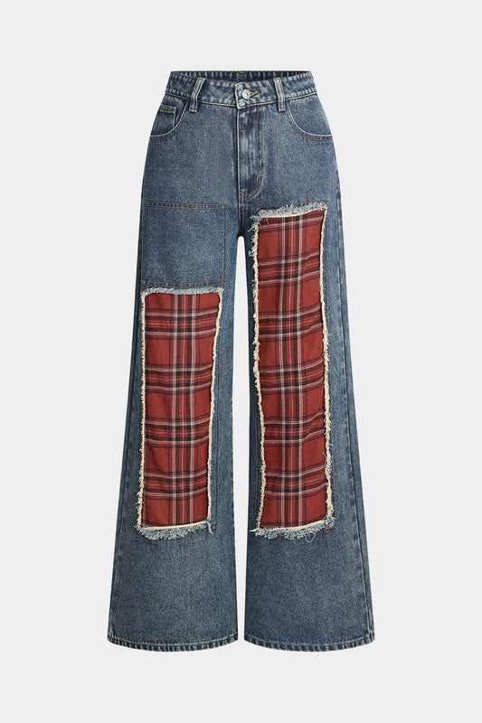 Denim Patchwork Pocket Button Jeans
