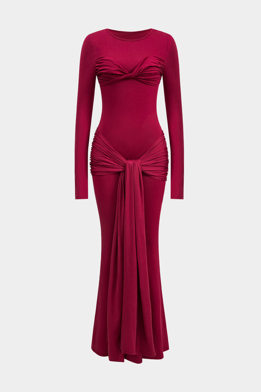 Ruched Twist Knot Long Sleeve Maxi Dress