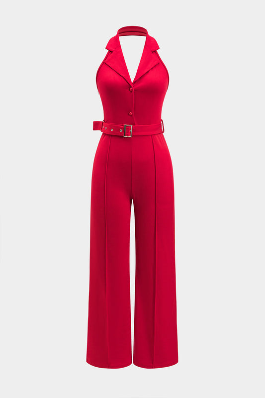 Halter Neck Backless Sleeveless Belted Jumpsuit