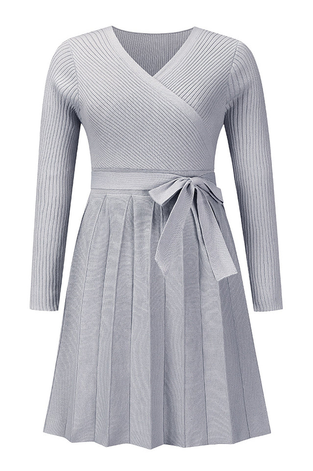 Surplice Neck Tie Front Pleated Sweater Dress