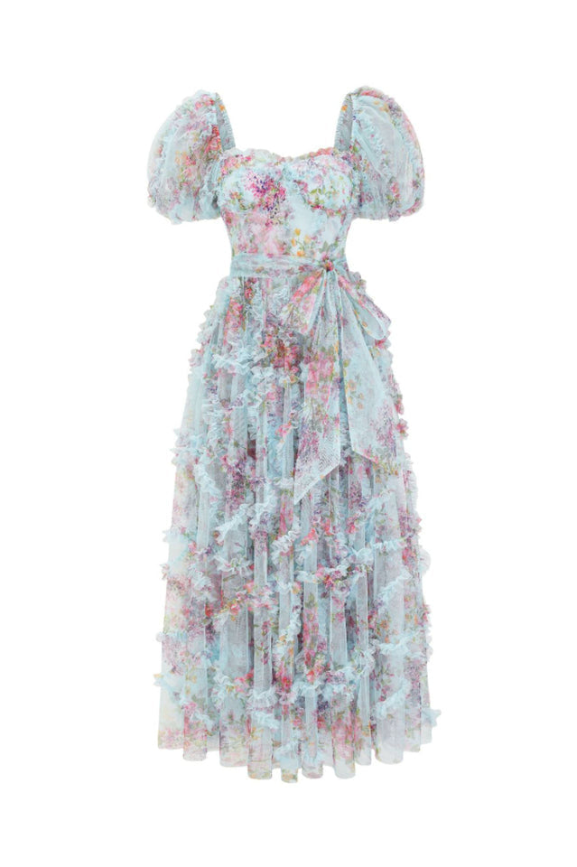Floral Tulle Puff Sleeve Bow Tie Maxi Dress