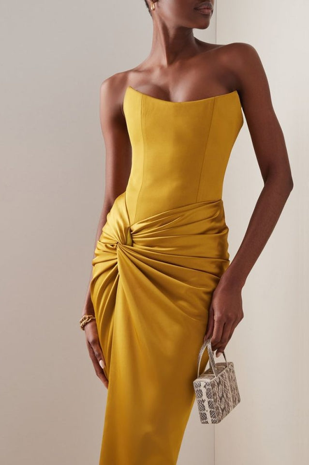 Mustard Draped Satin Corset Maxi Dress