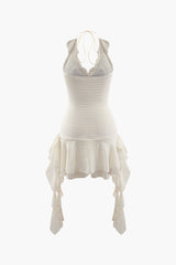 Beige Vintage Halter Neck Ruffle Mini Dress