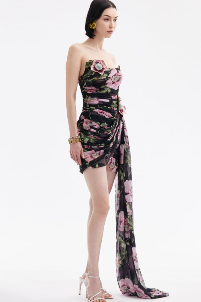 Floral Printed Strapless Draped Mini Dress