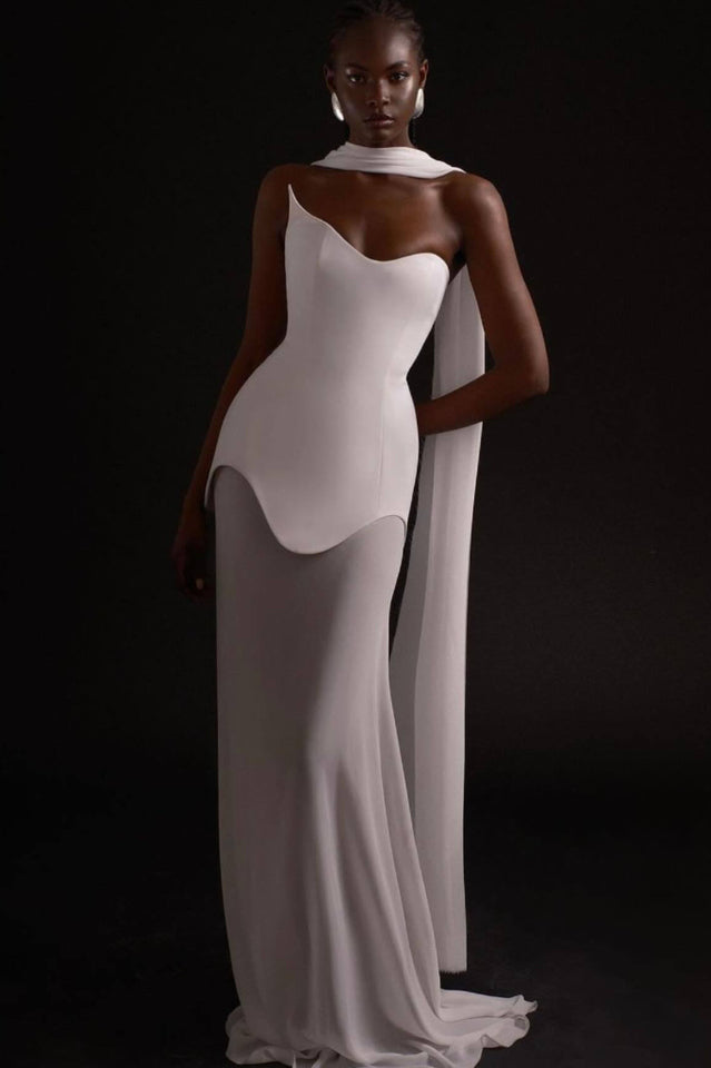 White Strapless Scarf Maxi Dress