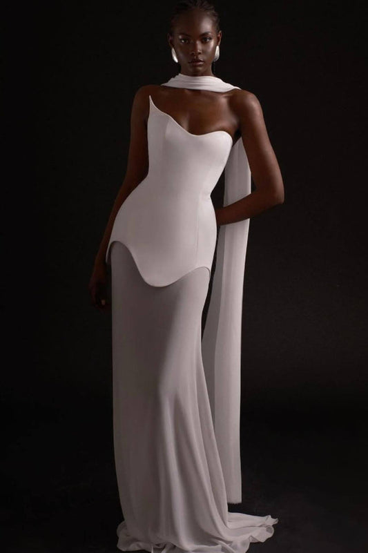 White Strapless Scarf Maxi Dress