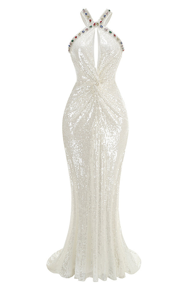 Bobbie White Halter Sequin Maxi Dress