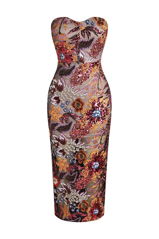 Kamames Strapless Floral Sequined Maxi Dress