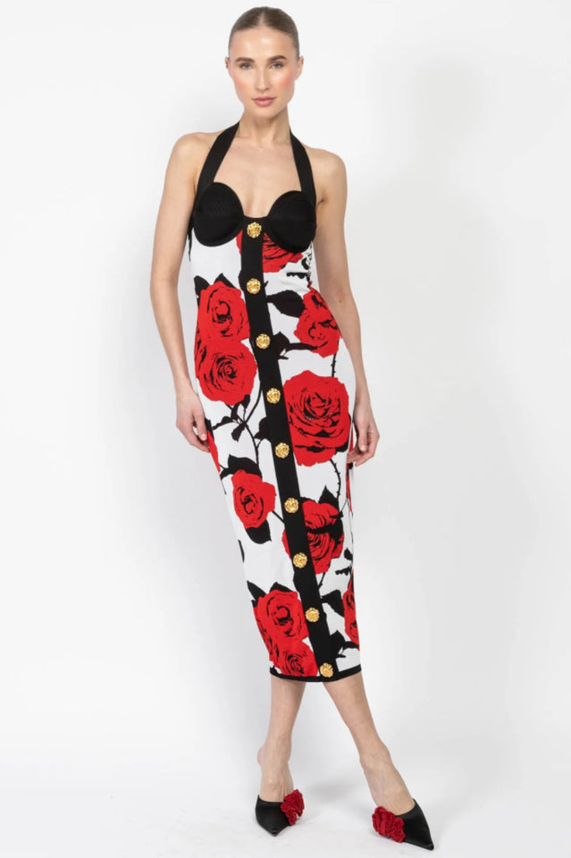 Knit Floral Halter Neck Midi Dress