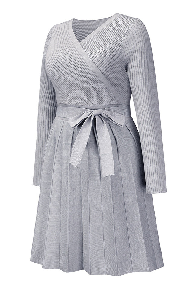 Surplice Neck Tie Front Pleated Sweater Dress