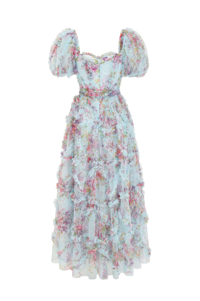 Floral Tulle Puff Sleeve Bow Tie Maxi Dress