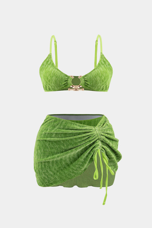 Plus Size Pleated Metallic Decor Drawstring 3-Pieces Bikini Set