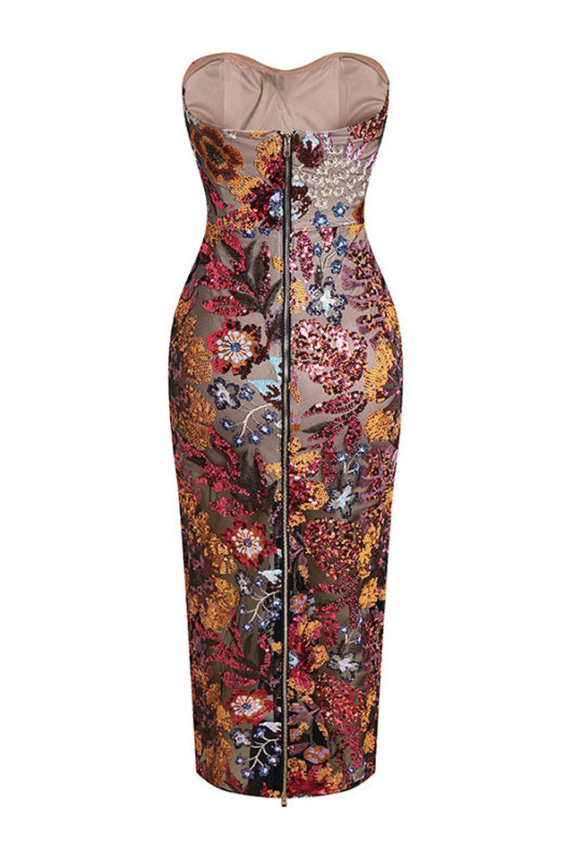 Kamames Strapless Floral Sequined Maxi Dress