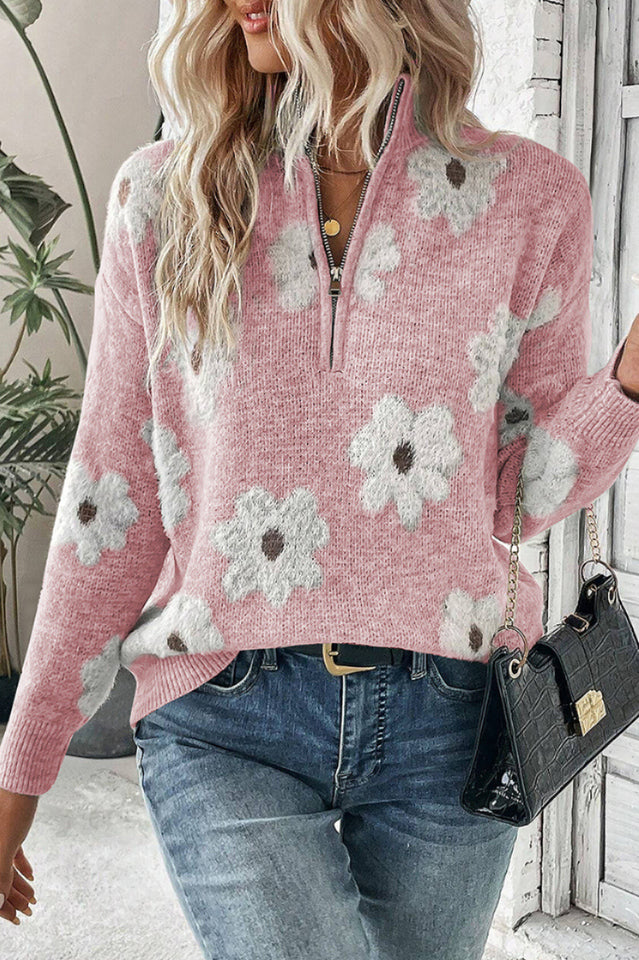 Floral Pattern Half Zip Sweater