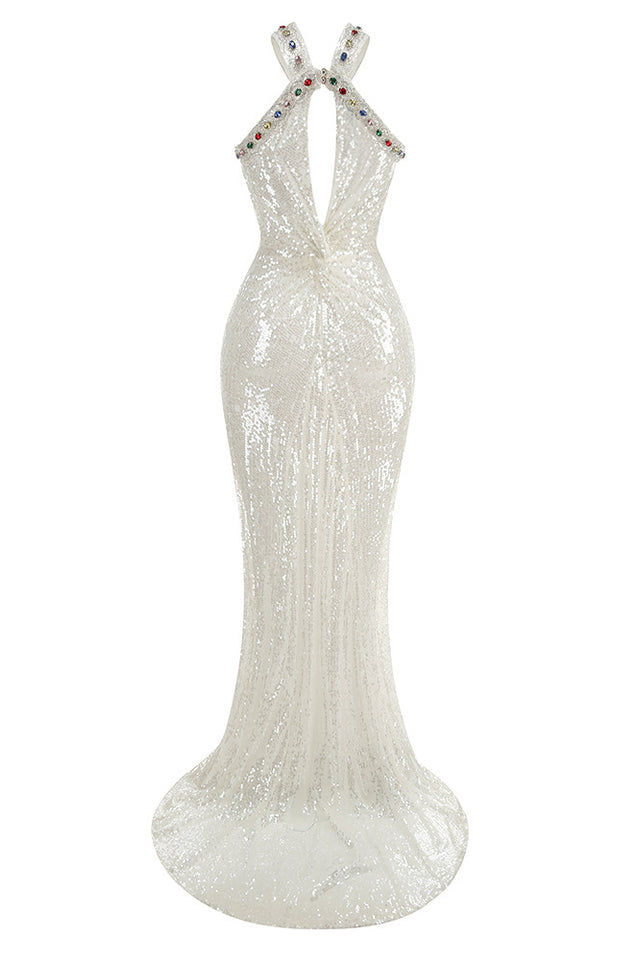 Bobbie White Halter Sequin Maxi Dress