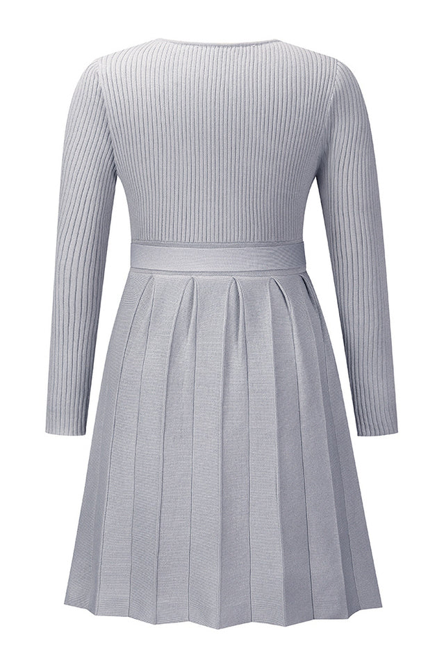 Surplice Neck Tie Front Pleated Sweater Dress