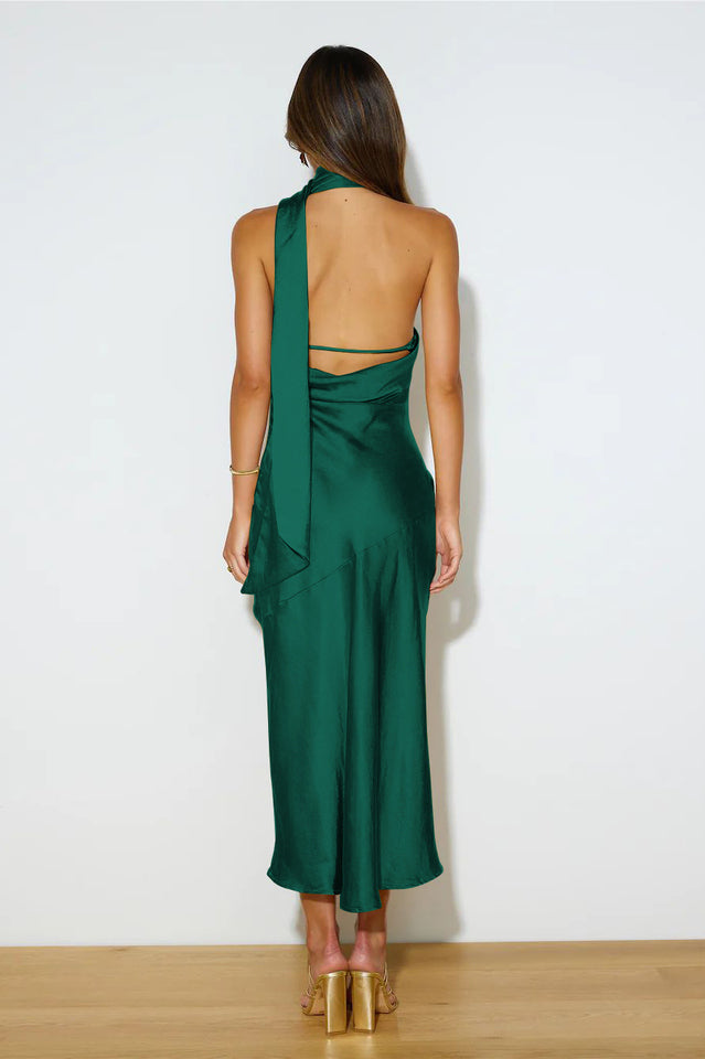 Slinky Open Back Halter Satin Dress