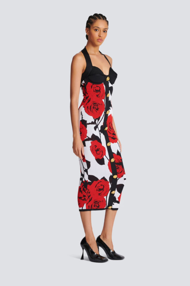 Knit Floral Halter Neck Midi Dress