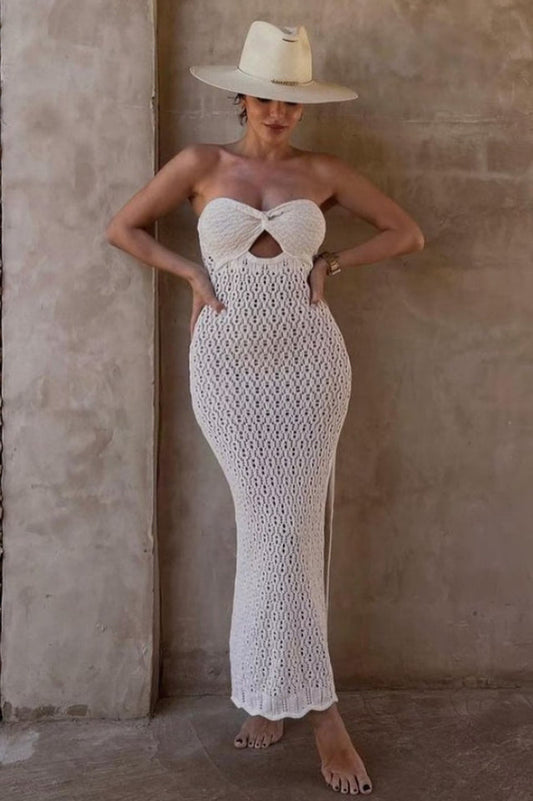 Tallulah Beige Crochet Strapless Maxi Dress