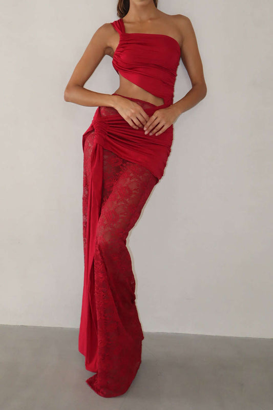 Lace Tie Front Hollow Out Patchwork Ruched Skirt Set
